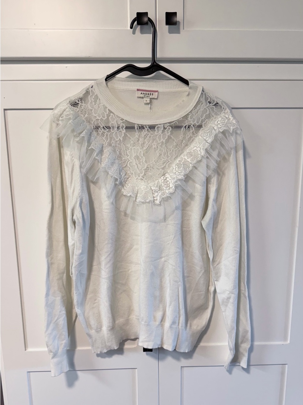 Andree White Lace & Ruffle Yoke Long-Sleeve Top